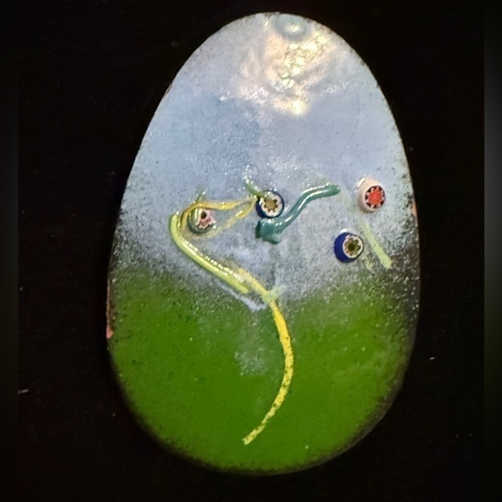 Artistic Green and Blue Enameled Pendant on Copper. Approx 2 3/4”X 1 3/4”.